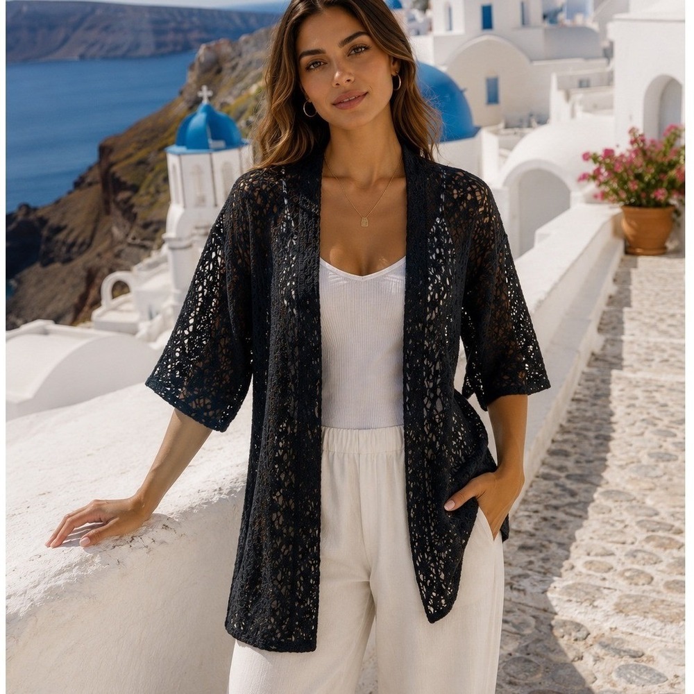 Eileen Fisher Black 100% Wool Lace Crochet Open Front Duster Cardigan Sweater M